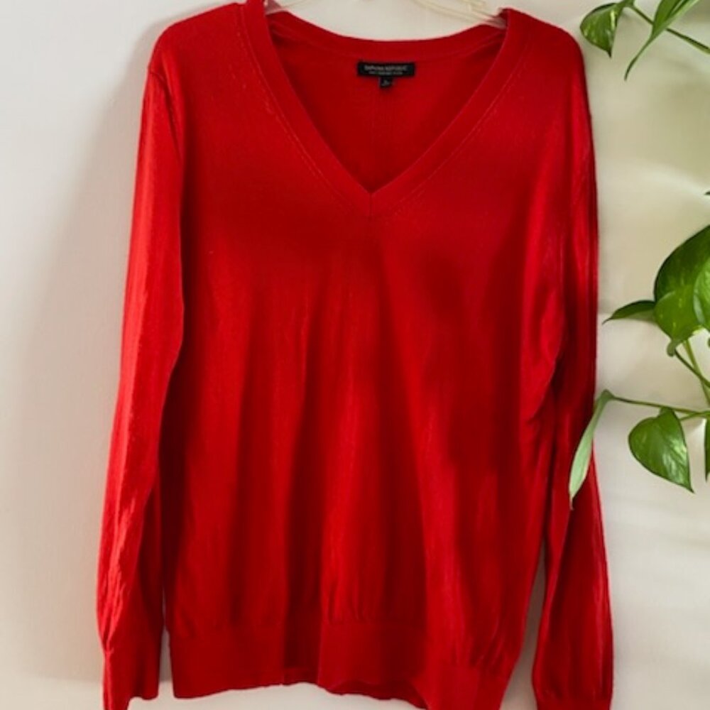 Banana Republic, Red V Neck, 100% Merino Wool, Size L